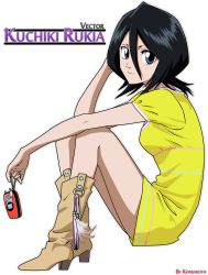Rule 34 | 1girl, absurdres, black hair, bleach, blue eyes, boots, cellphone, cowboy boots, dress, female focus, full body, highres, kubo tite, kuchiki rukia, phone, short hair, sitting, solo, transparent background, vector trace, yellow dress