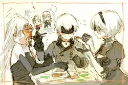 Rule 34 | 2girls, 3boys, adam (nier:automata), android, apple, bad id, bad pixiv id, blindfold, blush, breasts, choker, chopsticks, cleavage cutout, clothing cutout, dress, eating, elbow gloves, eve (nier:automata), feeding, fish, food, fork, fruit, gloves, ichinose777, juliet sleeves, long hair, long sleeves, medium breasts, multiple boys, multiple girls, nier (series), nier:automata, open mouth, puffy sleeves, short hair, sketch, smile, tank top, text focus, translated, white background, white hair, 2b (nier:automata), 9s (nier:automata), a2 (nier:automata)