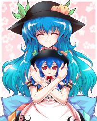 Rule 34 | 1girl, absurdres, alphes (style), black headwear, blue hair, closed eyes, closed mouth, doll, facing viewer, food, fruit, fumo (doll), gradient background, highres, hinanawi tenshi, holding, holding doll, kazakome, leaf, long hair, parody, peach, rainbow order, red eyes, short sleeves, smile, solo, style parody, touhou