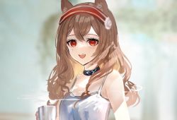 Rule 34 | 1girl, alternate hairstyle, angelina (arknights), animal ears, arknights, bare arms, blurry, blurry background, brown hair, camisole, coffee cup, commentary request, cup, disposable cup, fox ears, gawako, hairband, highres, holding, holding cup, infection monitor (arknights), long hair, looking at viewer, open mouth, red eyes, red hairband, smile, solo, steam, striped clothes, striped hairband, teeth, upper body, upper teeth only, white camisole