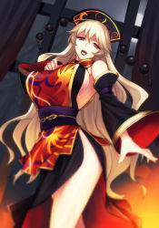 Rule 34 | 1girl, :d, absurdres, adapted costume, arms at sides, bare shoulders, black dress, blonde hair, breasts, chinese clothes, crescent, curtains, detached sleeves, dress, from below, hair between eyes, highres, indoors, jonylaser, junko (touhou), large breasts, long hair, long sleeves, looking at viewer, mature female, moon, no bra, no panties, obi, open mouth, red eyes, sash, shiny skin, short dress, side slit, sideboob, smile, solo, tabard, touhou, very long hair, wavy hair, wide sleeves, window