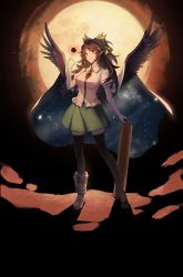 Rule 34 | 1girl, absurdres, arm cannon, asymmetrical footwear, bird wings, black hole, black thighhighs, bow, brown eyes, brown hair, brown wings, cape, chaoyu (scrjx), closed mouth, collared shirt, commentary, feathered wings, frilled shirt collar, frills, full body, green bow, green skirt, hair bow, hand up, highres, long hair, looking at viewer, parted bangs, pointy ears, puffy short sleeves, puffy sleeves, reiuji utsuho, shirt, short sleeves, skirt, solo, standing, starry sky print, sun, thighhighs, third eye, touhou, two-sided cape, two-sided fabric, weapon, white cape, white shirt, wings