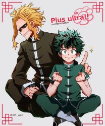 Rule 34 | 2boys, alternate costume, black sclera, blonde hair, boku no hero academia, bright pupils, chinese clothes, clenched hands, closed mouth, colored sclera, freckles, green eyes, grey background, grey hair, hand on another&#039;s shoulder, indian style, male focus, messy hair, midoriya izuku, multiple boys, short hair, sitting, teacher and student, tsukuyomi kou, white pupils, yagi toshinori