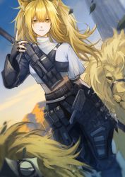 Rule 34 | 1girl, animal, animal ear fluff, animal ears, arknights, arm behind back, asymmetrical clothes, black gloves, black pants, blonde hair, blue sky, closed mouth, day, feet out of frame, fingerless gloves, gloves, gradient sky, highres, holding, lion, lion ears, long hair, long sleeves, looking at viewer, midriff, mountainous horizon, navel, official alternate costume, outdoors, pants, ponytail, shirt, siege (arknights), siege (city destroyer) (arknights), sky, solo, standing, white shirt, xiaojiaguoguowang, yellow eyes