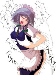 Rule 34 | 1girl, braid, grabbing another&#039;s breast, breasts, closed eyes, clothed sex, doggystyle, grabbing, hetero, izayoi sakuya, maid, maid headdress, rp (necho), sex, sex from behind, solo focus, standing, sweat, tears, text focus, touhou, trembling, twin braids