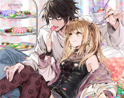 Rule 34 | 1boy, 1girl, amane misa, bags under eyes, black eyes, black hair, black shirt, blonde hair, candy, choker, cross, cross earrings, cup, death note, denim, earrings, empew, feeding, fishnet thighhighs, fishnets, food, hair between eyes, hand on another&#039;s leg, holding, holding candy, holding cup, holding food, holding lollipop, indoors, jeans, jewelry, l (death note), lollipop, long hair, looking at another, off shoulder, open mouth, pants, shirt, sitting, t-shirt, thighhighs, twintails, white shirt, yellow eyes