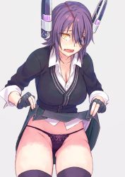 Rule 34 | 10s, 1girl, black gloves, black panties, black thighhighs, breasts, cardigan, cleavage, clothes lift, embarrassed, eyepatch, female focus, fingerless gloves, gloves, headgear, kantai collection, large breasts, leaning forward, lingerie, looking at viewer, open mouth, panties, purple hair, short hair, skirt, skirt lift, solo, tenryuu (kancolle), thighhighs, thighs, underwear, wavy mouth, yellow eyes, yuuji (and)