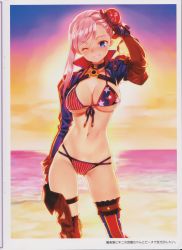 Rule 34 | 1girl, absurdres, american flag bikini, asymmetrical gloves, asymmetrical legwear, beach, bikini, blue eyes, blurry, blurry background, breasts, bun cover, cleavage, fate/grand order, fate (series), flag print, front-tie bikini top, front-tie top, gloves, gradient sky, hair bun, hair ornament, highres, huge filesize, large breasts, looking at viewer, matsuryuu, miyamoto musashi (fate), miyamoto musashi (fate/grand order), miyamoto musashi (swimsuit berserker) (fate), miyamoto musashi (swimsuit berserker) (second ascension) (fate), navel, ocean, one eye closed, outdoors, parted lips, pink hair, scan, shore, shrug (clothing), simple background, single hair bun, sky, solo, standing, stomach, sunset, swimsuit, thighs, uneven legwear, water