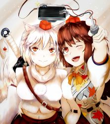 Rule 34 | 2girls, ;d, animal ears, asymmetrical docking, between breasts, blush, bow, bowtie, breast press, breasts, brown hair, camera, closed mouth, collared shirt, colored eyelashes, detached sleeves, hand on another&#039;s hip, hat, highres, holding, holding behind back, inubashiri momiji, kagami toufu, long sleeves, looking up, machinery, multiple girls, one eye closed, open mouth, orange bow, orange bowtie, orange eyes, out of character, pom pom (clothes), puffy short sleeves, puffy sleeves, red eyes, red hair, selfie, shameimaru aya, sheath, sheathed, shirt, short hair, short sleeves, smile, sparkle, strap between breasts, sweatdrop, sweater vest, sword, taking picture, tareme, tokin hat, touhou, turtleneck, uvula, weapon, white hair, white shirt, wing collar, wolf ears