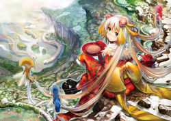 Rule 34 | 1girl, blonde hair, blue eyes, bowl, chachie, holding, holding bowl, long hair, looking at viewer, multicolored hair, original, sitting, snake, solo, two-tone hair, white hair