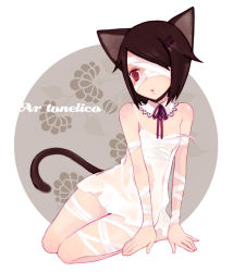 Rule 34 | 1girl, animal ears, ar tonelico, ar tonelico iii, bad id, bad pixiv id, bandage over one eye, bandages, black hair, bow, brown eyes, cat ears, cat tail, chemise, dress, filament (ar tonelico), gust, hair ornament, hairclip, kneeling, masto, red eyes, short hair, solo, strap slip, tail, torn clothes