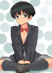 Rule 34 | 1girl, absurdres, black eyes, black hair, blush, bow, bowtie, breasts, cleavage, coat, expressionless, female focus, formal, grey skirt, haida katsuretsu, highres, loafers, looking at viewer, medium breasts, original, pleated skirt, red bow, red bowtie, shoes, short hair, sideways glance, sitting, skirt, solo, suit, tomboy