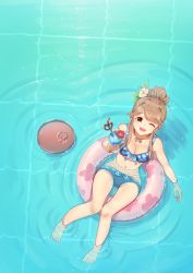 Rule 34 | 10s, 1girl, bikini, blue bikini, blush, breasts, brown eyes, brown hair, cleavage, collarbone, cup, drinking glass, front-tie bikini top, front-tie top, hair bun, holding, holding cup, holding drinking glass, idolmaster, idolmaster million live!, innertube, jewelry, kamille (vcx68), knees together feet apart, large breasts, long hair, looking at viewer, nail polish, navel, necklace, one eye closed, open mouth, single hair bun, smile, solo, swim ring, swimsuit, tenkuubashi tomoka, tray, water, yellow nails
