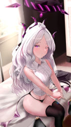 Rule 34 | 1girl, absurdres, ahoge, black panties, black thighhighs, blue archive, breasts, closed mouth, collared shirt, highres, hina (blue archive), horns, long hair, low wings, multiple horns, no pants, on bed, one eye closed, own hands together, panties, parted bangs, purple eyes, shirt, sitting, sleeveless, sleeveless shirt, small breasts, solo, thighhighs, underwear, very long hair, wanne, wavy hair, white hair, wing collar, wings