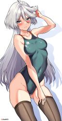Rule 34 | 1girl, absurdres, aiuti, aqua one-piece swimsuit, bare shoulders, blush, breasts, brown thighhighs, competition swimsuit, covered navel, gluteal fold, grey eyes, grey hair, gundam, gundam suisei no majo, hair between eyes, highres, long hair, looking at viewer, medium breasts, miorine rembran, one-piece swimsuit, silhouette, solo, swimsuit, thighhighs, white hair