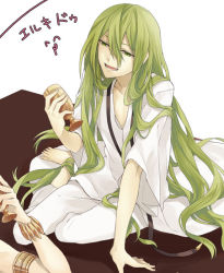 Rule 34 | 2boys, androgynous, armlet, bad id, bad pixiv id, barefoot, bracelet, chalice, cup, enkidu (fate), fate/strange fake, fate/zero, fate (series), green eyes, green hair, jewelry, kyo zip, long hair, male focus, multiple boys, robe
