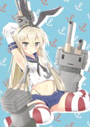 Rule 34 | 10s, 1girl, :o, anchor hair ornament, anchor symbol, armpits, arms up, bare shoulders, black panties, blonde hair, blue skirt, blush, bow, crop top, elbow gloves, gloves, grey eyes, hair bow, hair ornament, hairband, highleg, highleg panties, kantai collection, long hair, looking at viewer, midriff, mirea, neckerchief, no shoes, panties, pantyshot, pleated skirt, renka (llawliet39), rensouhou-chan, sailor collar, shimakaze (kancolle), silhouette, sitting, skirt, striped clothes, striped thighhighs, thighhighs, underwear, wariza, white gloves