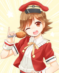 Rule 34 | 10s, 1girl, 2015, :d, ;d, blush, brown eyes, brown hair, dated, fried chicken, hand on own hip, hat, honda mio, idolmaster, idolmaster cinderella girls, nagian, one eye closed, open mouth, peaked cap, pinky out, short hair, smile, solo, wrist cuffs