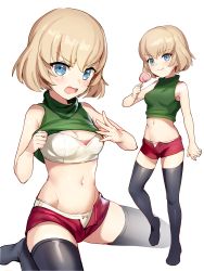 Rule 34 | 10s, 1girl, akamoku, alternate costume, bad id, bad pixiv id, black thighhighs, blonde hair, blue eyes, blush, bra, breasts, candy, cleavage, closed mouth, food, full body, girls und panzer, highres, holding, holding candy, holding food, holding lollipop, katyusha (girls und panzer), lollipop, long hair, medium breasts, midriff, multiple views, navel, open mouth, panties, red shorts, short hair, shorts, simple background, sitting, sleeveless, smile, standing, tears, thighhighs, unbuttoned, underwear, white background, white panties