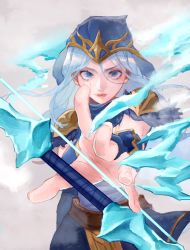 Rule 34 | 1girl, absurdres, armor, ashe (league of legends), blue eyes, blue hair, bow (weapon), closed mouth, closed eyes, fingernails, fog, fur trim, hair between eyes, highres, hood, hood up, ice, league of legends, light blue hair, long hair, looking at viewer, pauldrons, shoulder armor, solo, tarou (natyou), weapon