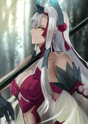 Rule 34 | 1girl, armor, armored dress, bare shoulders, black gloves, breasts, cleavage, cleavage cutout, clothing cutout, dress, fate/grand order, fate (series), feathers, gloves, horns, jikihatiman, kiichi hougen (fate), large breasts, long hair, looking at viewer, navel, navel cutout, orange eyes, pointy ears, polearm, red armor, sidelocks, solo, spear, tassel, very long hair, weapon, white dress, white hair