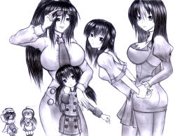 Rule 34 | 1boy, breasts, buttons, coat, dazzle (shinkonryu), demon girl, head tilt, height difference, highres, juliet sleeves, large breasts, leaning forward, long hair, long sleeves, looking at viewer, monochrome, multiple girls, necktie, original, ponytail, puffy sleeves, short sleeves, simple background, siren (mythology), small breasts, standing, demon girl, very long hair, white background