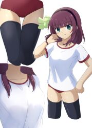 Rule 34 | 1girl, absurdres, alternate costume, angel beats!, black hairband, black thighhighs, blunt bangs, blush, bow, breasts, buruma, close-up, closed mouth, collarbone, commentary request, cowboy shot, eyes visible through hair, green bow, green eyes, gym uniform, hair bow, hairband, hand on own hip, hand up, highres, lelie (lelie link), looking at viewer, medium breasts, medium hair, multiple views, nakamura yuri, paid reward available, purple hair, red buruma, shirt, short sleeves, sidelocks, simple background, smile, solo, split mouth, thigh gap, thighhighs, white background, white shirt