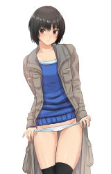 Rule 34 | 1girl, absurdres, amagami, black hair, black thighhighs, blue sweater, brown coat, brown eyes, cameltoe, coat, collarbone, commentary, cowboy shot, highres, long coat, looking at viewer, nanasaki ai, no pants, panties, panty pull, parted lips, pulled by self, raised eyebrows, short hair, simple background, solo, sweater, tanline peek, thigh gap, thighhighs, thumb in beltline, toggles, underwear, white background, white panties, yoo tenchi