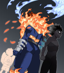 Rule 34 | 3boys, ass, blue fire, boku no hero academia, child, dabi (boku no hero academia), endeavor (boku no hero academia), feet out of frame, fire, from behind, hawks (boku no hero academia), highres, male focus, mature male, multiple boys, muscular, muscular male, p (pppppppppq), short hair, skin tight, solo focus, spiked hair, spoilers, thick thighs, thighs