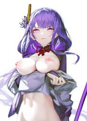 Rule 34 | 1girl, angry, arms under breasts, blunt bangs, breast hold, breasts, cleavage, commentary, crossed arms, eyeshadow, flower, genshin impact, hair flower, hair ornament, highres, iumu, large breasts, long hair, looking at viewer, makeup, mole, mole under eye, neck ribbon, nipples, no navel, partially undressed, purple eyes, purple hair, raiden shogun, red eyeshadow, red ribbon, ribbon, sidelocks, simple background, solo, stomach, symbol-only commentary, upper body, white background