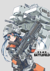 Rule 34 | 1girl, absurdres, battlefield 2142, blue hair, commentary, english commentary, gatling gun, green eyes, helmet, highres, holding, holding weapon, longmei er de tuzi, mecha, robot, science fiction, simple background, twintails, weapon
