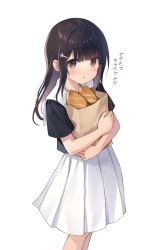 Rule 34 | 1girl, :o, bag, black eyes, black hair, black shirt, blush, bread, feet out of frame, food, grocery bag, hair ornament, hairpin, highres, holding, holding bag, long hair, looking at viewer, na-ga, hugging object, open mouth, original, paper bag, pleated skirt, sailor collar, shirt, shopping bag, short sleeves, sidelocks, simple background, skirt, solo, standing, translated, white background, white sailor collar, white skirt
