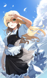 Rule 34 | 1girl, black skirt, blonde hair, blue sky, cloud, commentary request, day, feathers, green eyes, hair between eyes, hand up, highres, kirisame marisa, long hair, mansu (user pnmp4287), no headwear, no headwear, open mouth, shirt, short sleeves, skirt, sky, solo, touhou, white shirt, wind