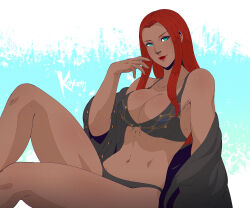 Rule 34 | 1girl, arm support, artist name, bikini, black bikini, blue eyes, breasts, commission, dark-skinned female, dark skin, final fantasy, final fantasy xiv, koyorin, large breasts, long hair, looking at viewer, navel, open clothes, open shirt, red hair, red lips, roegadyn, solo, swimsuit, warrior of light (ff14)