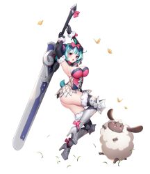 Rule 34 | 1girl, :o, ahoge, armored boots, armpits, arms up, artist request, ass, bell, black gloves, black panties, blue hair, blunt bangs, blush, boots, bow, breasts, bug, butterfly, cowbell, curled horns, dress, elbow gloves, eversoul, full body, game cg, gloves, grass, greatsword, hair bow, high heels, holding, holding sword, holding weapon, horns, huge weapon, insect, knee pads, large breasts, looking to the side, lute (eversoul), multicolored hair, official art, panties, pink bow, pink dress, pink ribbon, purple eyes, ribbon, sheep, sheep girl, sheep horns, sheep tail, short hair, solo, streaked hair, sword, tachi-e, tail, thighs, transparent background, two-handed, underwear, weapon, white hair, wool