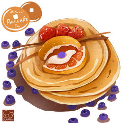 Rule 34 | artist logo, artist name, blueberry, food, food focus, fruit, highres, no humans, original, pancake, pancake stack, simple background, strawberry, white background, yuki00yo