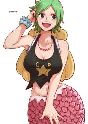 Rule 34 | 1girl, :d, aosora2823, artist name, black eyes, blue bracelet, bracelet, breasts, camie (one piece), cleavage, collarbone, commentary, crop top, green hair, highres, jewelry, large breasts, looking to the side, mermaid, midriff, monster girl, navel, necklace, one piece, open mouth, short hair, simple background, smile, solo, teeth, upper teeth only, white background