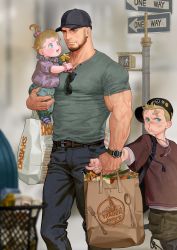 Rule 34 | 1girl, 2boys, absurdres, arm grab, baby, backwards hat, bag, bandaid, bandaid on face, beard, biceps, blonde hair, blue eyes, blurry, blurry background, blush, bruise, bruise on face, child, collar, denim, eyewear hang, unworn eyewear, facial hair, grabbing, hat, highres, injury, jeans, jewelry, leather, leather belt, looking at another, multiple boys, muscular, muscular male, necklace, open mouth, original, outdoors, pants, pectorals, ponytail, road, road sign, saolin (wudangx), shirt, short hair, sign, socks, street, sunglasses, t-shirt, thick arms, thick eyebrows, tongue, trash can, veins, veiny arms, watch