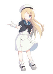 Rule 34 | 1girl, absurdres, black jacket, blonde hair, blue eyes, blue sailor collar, cropped jacket, dress, full body, gloves, hat, highres, jacket, jervis (kancolle), kantai collection, long hair, looking at viewer, one eye closed, pointing, sailor collar, sailor dress, sailor hat, short sleeves, simple background, solo, standing, white background, white dress, white gloves, white hat, yoshinao (yoshinao 0203)