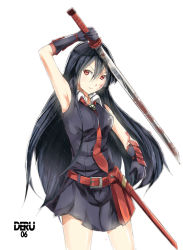 Rule 34 | 1girl, akame (akame ga kill!), akame ga kill!, armpits, artist name, belt, black gloves, black hair, breasts, closed mouth, gloves, hair between eyes, highres, holding, holding sword, holding weapon, kimoshi, looking at viewer, markings, miniskirt, necktie, red belt, red eyes, red neckwear, simple background, skirt, sword, v-shaped eyebrows, weapon, white background