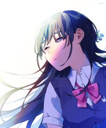 Rule 34 | 1girl, black hair, blue eyes, blue flower, blue hair, blue vest, bow, bowtie, braid, collared shirt, floating hair, flower, hair behind ear, half-closed eyes, hasu art, highres, light, long hair, looking to the side, nijisanji, one eye closed, parted lips, pink bow, pink bowtie, school uniform, shirt, short sleeves, simple background, single braid, tsukino mito, tsukino mito (3rd costume), turning head, vest, virtual youtuber, white background, white shirt