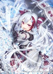 Rule 34 | 1girl, akkijin, ass, black gloves, dress, gloves, grey dress, grey umbrella, hair ribbon, ice, looking at viewer, multicolored hair, official art, open mouth, red eyes, red ribbon, ribbed dress, ribbon, shinkai no valkyrie, silver hair, snow, snowflakes, storm, twintails, two-tone hair, umbrella