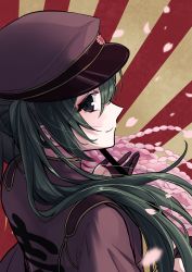 Rule 34 | 1girl, absurdres, blush, cherry blossoms, from above, green hair, grey eyes, hat, hatsune miku, highres, japanese clothes, long hair, looking at viewer, looking back, nagitofuu, profile, rising sun flag, senbon-zakura (vocaloid), smile, solo, sunburst, twintails, vocaloid