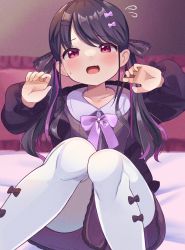 Rule 34 | 1girl, absurdres, black dress, black hair, bow, collarbone, commentary request, dress, fangs, film grain, fukumaru koito, hair bow, hair ornament, hair ribbon, hairclip, highres, idolmaster, idolmaster shiny colors, knees up, long sleeves, looking at viewer, neck ribbon, neonewryomo, on bed, pantyhose, pillow, puffy sleeves, purple eyes, ribbon, sitting, skin fangs, solo, twintails, white pantyhose