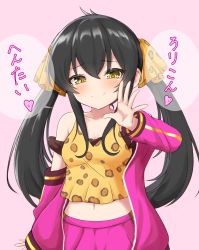 Rule 34 | 1girl, animal print, bad id, bad pixiv id, bare shoulders, black hair, blush, breasts, camisole, cleavage, closed mouth, collarbone, commentary request, crop top, hair between eyes, hair ribbon, hand up, highres, idolmaster, idolmaster cinderella girls, idolmaster cinderella girls starlight stage, jacket, leopard print, long hair, long sleeves, looking at viewer, matoba risa, midriff, mitsumine raimu, navel, off shoulder, open clothes, open jacket, pink background, pink jacket, pink skirt, pleated skirt, print camisole, print ribbon, ribbon, simple background, skirt, small breasts, smile, solo, translation request, twintails, very long hair, yellow camisole, yellow eyes, yellow ribbon
