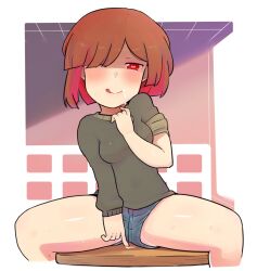 Rule 34 | bete noire, betty noire, brown hair, glitchtale, legs, red eyes, red hair, short hair, short pants, tongue