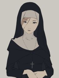 Rule 34 | 1girl, black robe, blonde hair, blue eyes, cross, cross necklace, habit, jewelry, looking at viewer, miura-n315, necklace, nun, own hands together, robe, solo, standing
