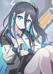 Rule 34 | 1girl, absurdres, aris (blue archive), black hair, black skirt, blue archive, blue eyes, blue hair, blue necktie, blush, closed mouth, collared shirt, commentary request, feet out of frame, hair between eyes, halo, highres, holding strap, jacket, knees up, long hair, looking at viewer, multicolored hair, necktie, one side up, open clothes, open jacket, pleated skirt, sato art, shirt, signature, skirt, smile, solo, two-tone hair, very long hair, white jacket, white shirt