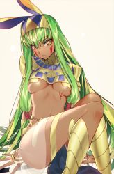 Rule 34 | 1girl, bare shoulders, blush, bracelet, breasts, breasts apart, c.c., closed mouth, code geass, commentary, cosplay, creayus, dark skin, dark-skinned female, earrings, egyptian, egyptian clothes, facial mark, fate/grand order, fate (series), green hair, hairband, hoop earrings, jewelry, long hair, looking at viewer, medium breasts, nitocris (fate) (cosplay), nitocris (fate), scar, sidelocks, simple background, sitting, solo, very long hair, yellow eyes