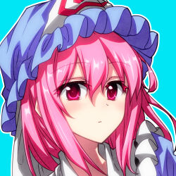 Rule 34 | 1girl, aqua background, blue hat, blush, close-up, closed mouth, colored eyelashes, commentary request, expressionless, eyes visible through hair, frilled hat, frilled shirt collar, frills, hair between eyes, hat, long hair, looking at viewer, mob cap, outline, pink eyes, pink hair, portrait, saigyouji yuyuko, sazanami mio, simple background, solo, touhou, triangular headpiece, white outline